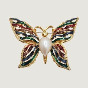 Butterfly Brooch Pin Multi Color Enamel Faux Pearl Gold Tone Fernando Originals